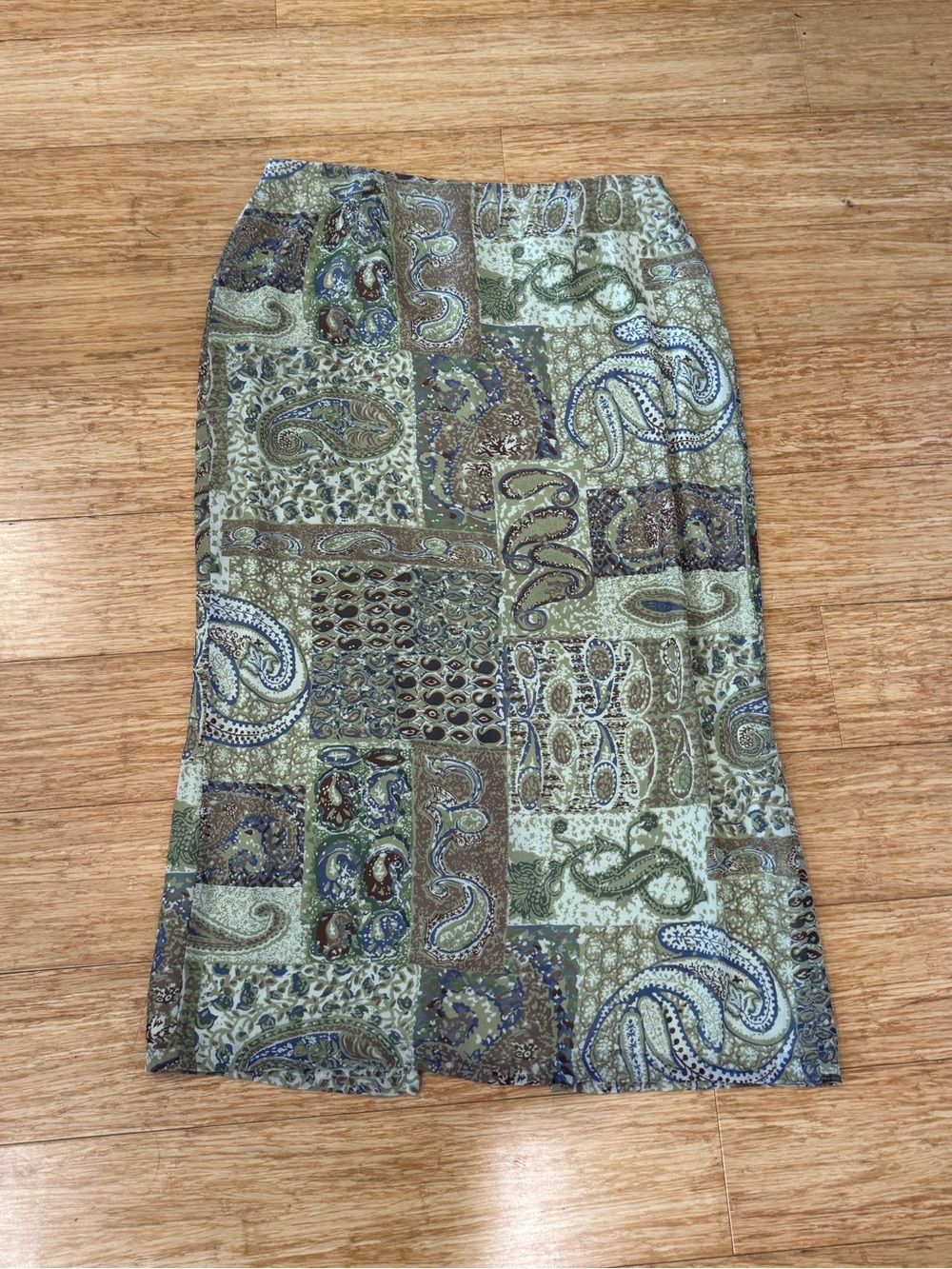 Clio Green Paisley Patchwork Midi Skirt slim fit no stretch